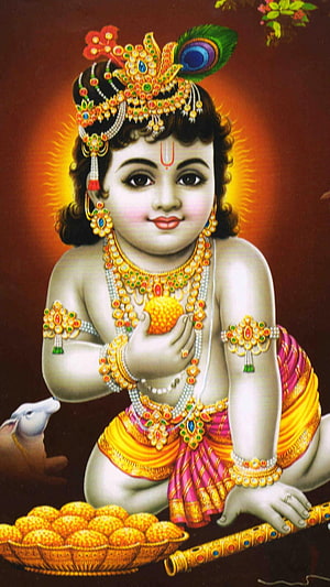Bal Krishna Devotional Portrait with Peacock Crown and Laddu Offering HD phone wallpaper