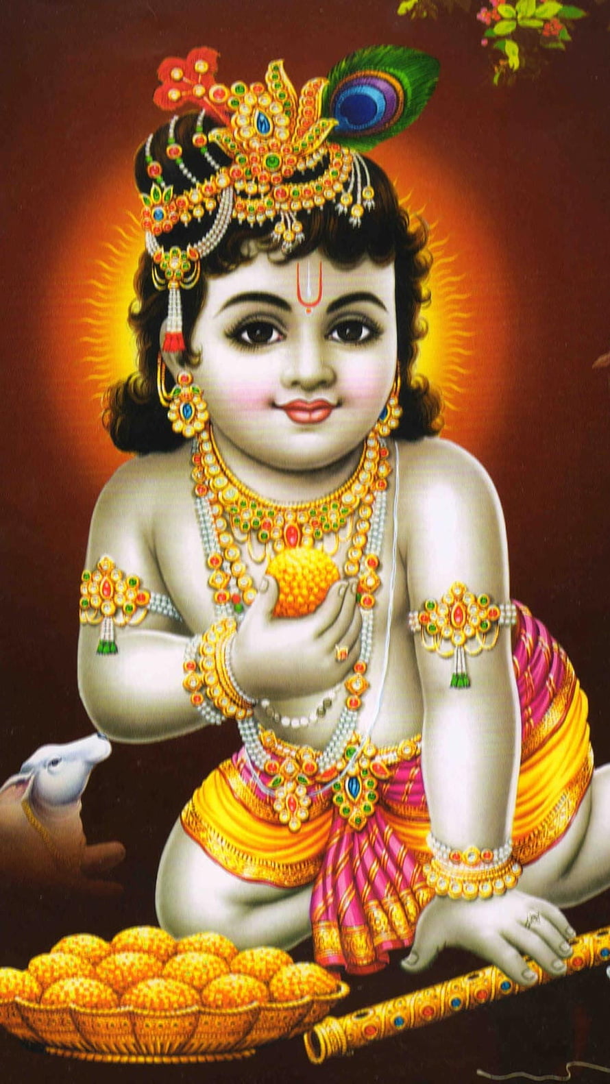 Bal Krishna Devotional Portrait with Peacock Crown and Laddu Offering HD phone wallpaper