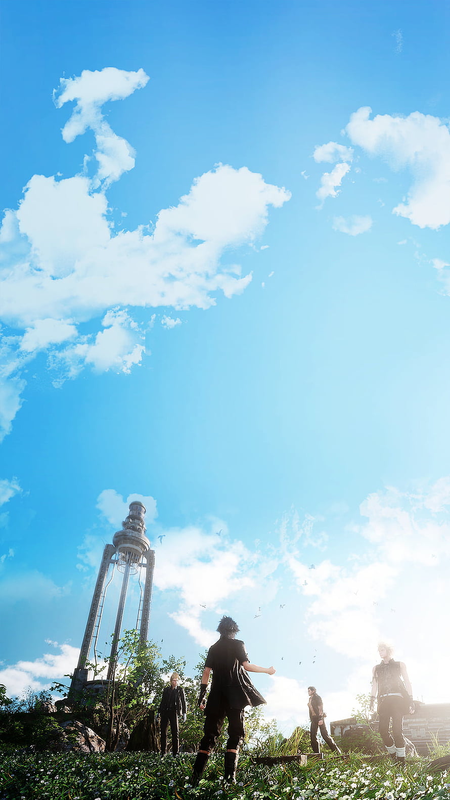 Final Fantasy XV characters standing in a sunlit field beneath a towering structure under a bright blue sky HD phone wallpaper