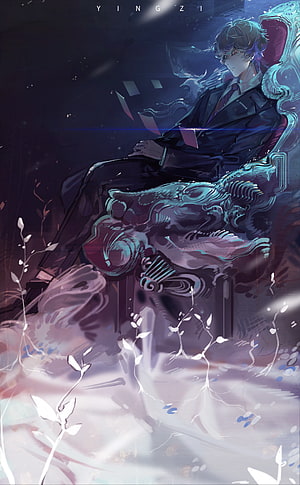 Lord of the Mysteries Fan Art: Young Man in Dark Suit Seated on Ornate Throne HD phone wallpaper