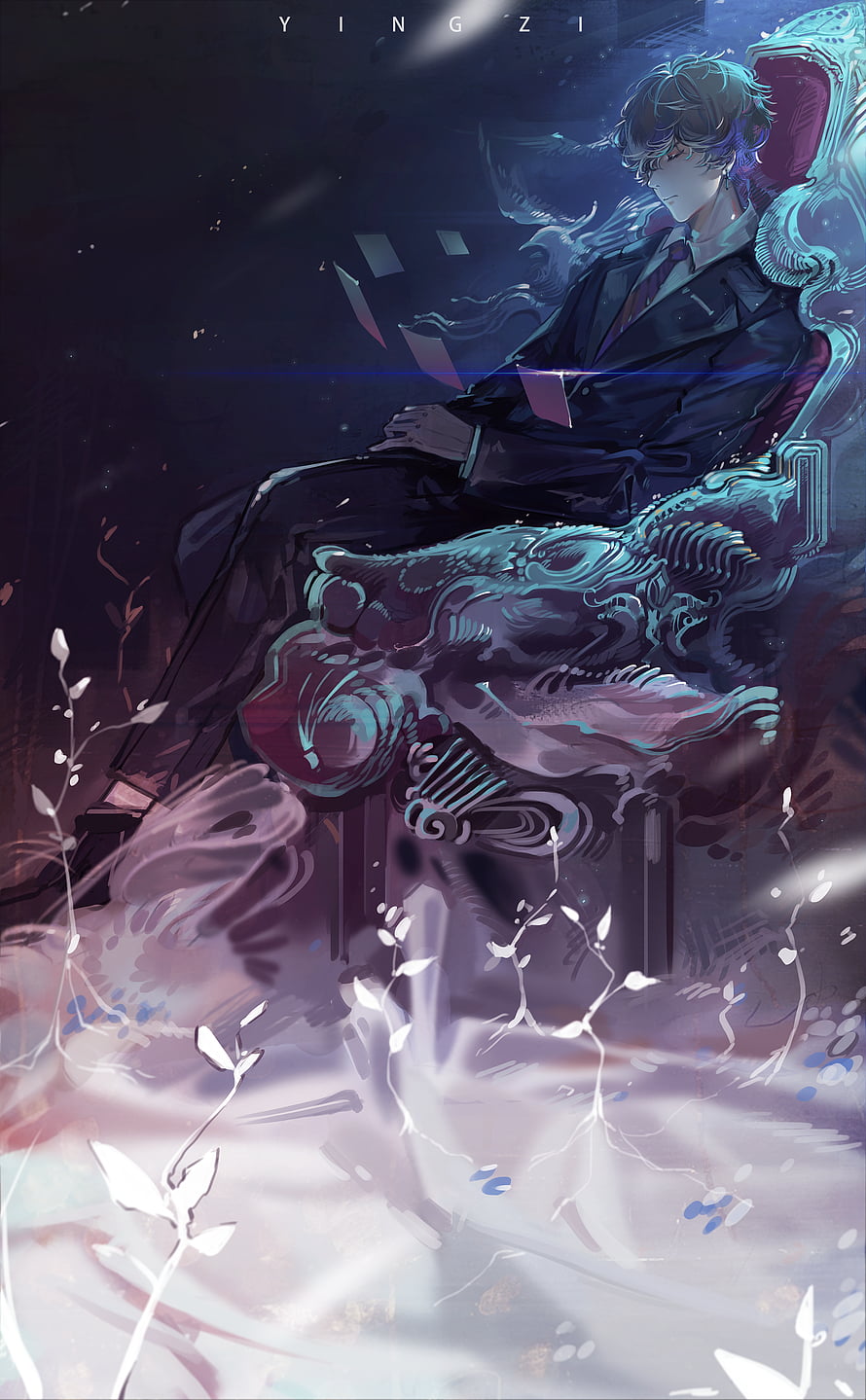 Lord of the Mysteries Fan Art: Young Man in Dark Suit Seated on Ornate Throne HD phone wallpaper