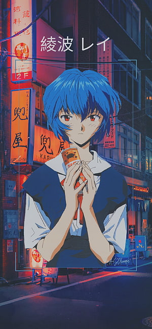 Rei Ayanami from Neon Genesis Evangelion in a Neon-Lit Japanese Street Scene HD phone wallpaper