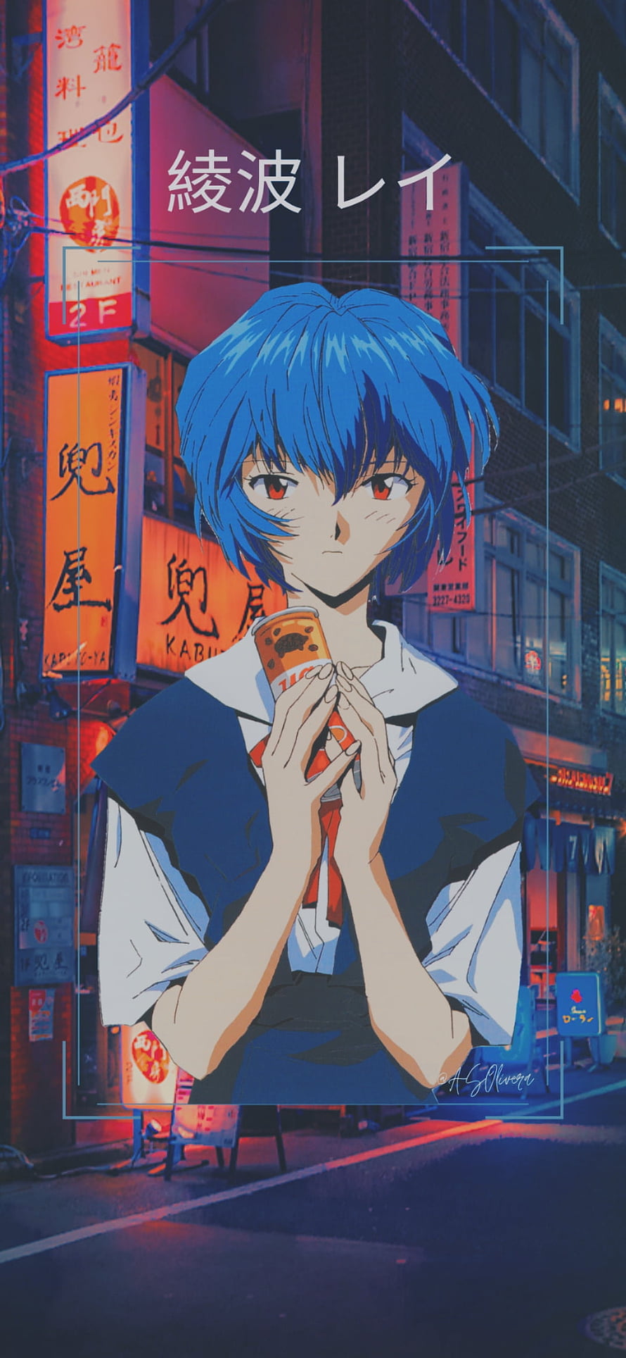 Rei Ayanami from Neon Genesis Evangelion in a Neon-Lit Japanese Street Scene HD phone wallpaper