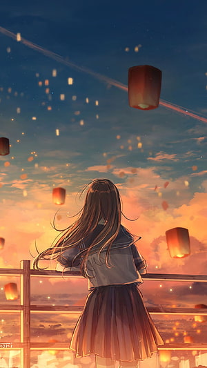 Anime Girl in School Uniform Watching Sky Lanterns at Sunset HD phone wallpaper