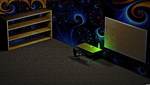 3D Rendered Office Interior with Fractal Wallpaper and Wooden Shelving Unit HD wallpaper
