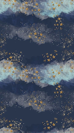 Celestial Night Sky with Golden Stars and Soft Watercolor Clouds HD phone wallpaper