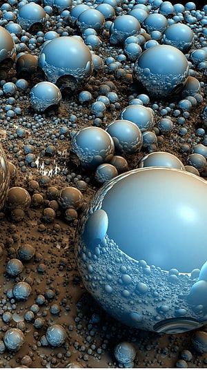 Abstract 3D Render of Glossy Blue Spheres on a Textured Brown Surface HD phone wallpaper