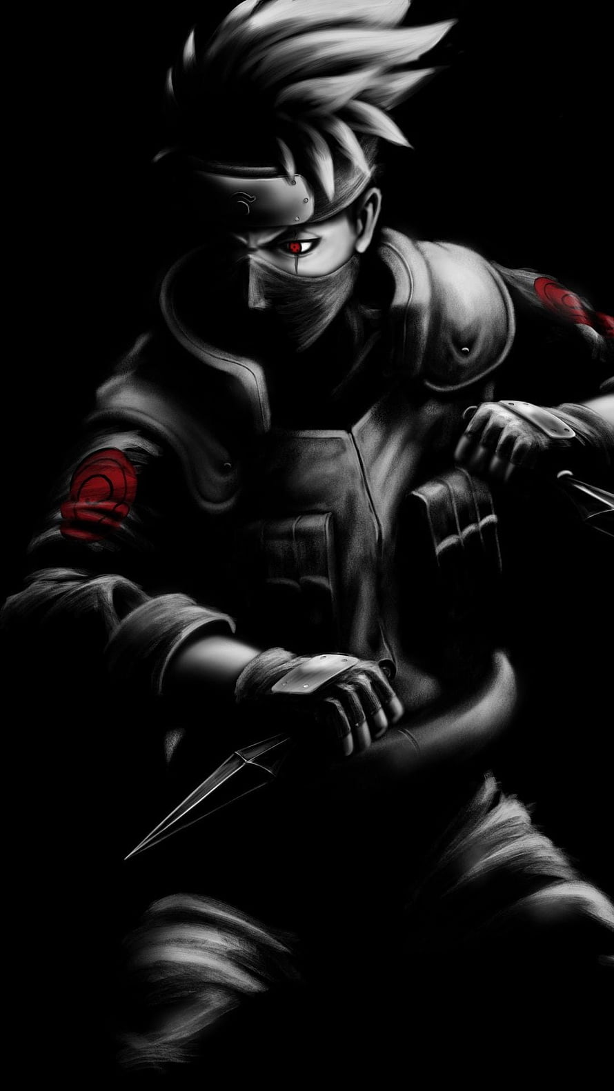 Kakashi Hatake in Shadowy Fan Art with Sharingan and Kunai HD phone wallpaper