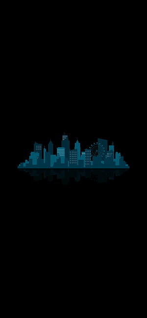 Minimalist Teal City Skyline with Ferris Wheel on Black Background HD phone wallpaper