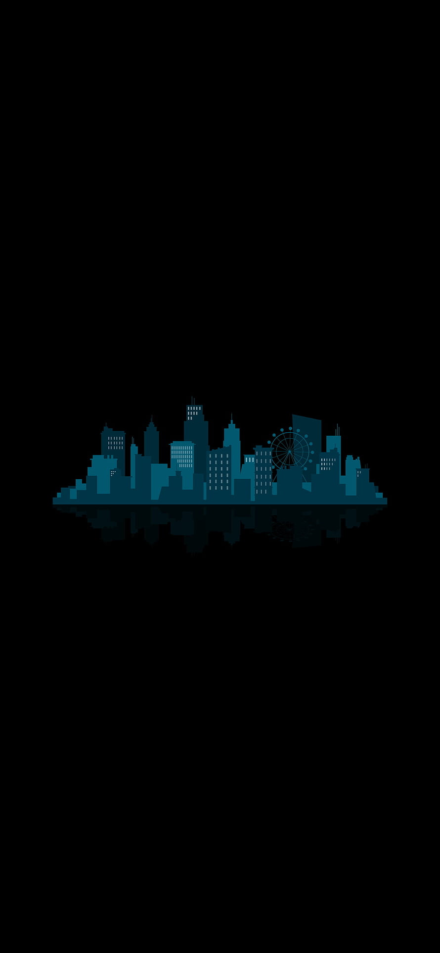 Minimalist Teal City Skyline with Ferris Wheel on Black Background HD phone wallpaper