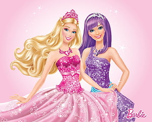 Barbie Princesses in Sparkling Pink and Purple Ball Gowns with Tiara and Crown HD wallpaper