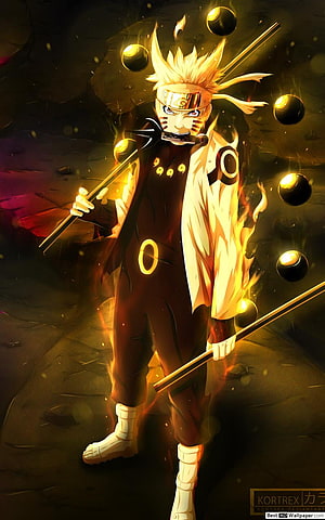 Naruto Sage Mode Anime Character with Golden Aura and Floating Orbs HD phone wallpaper