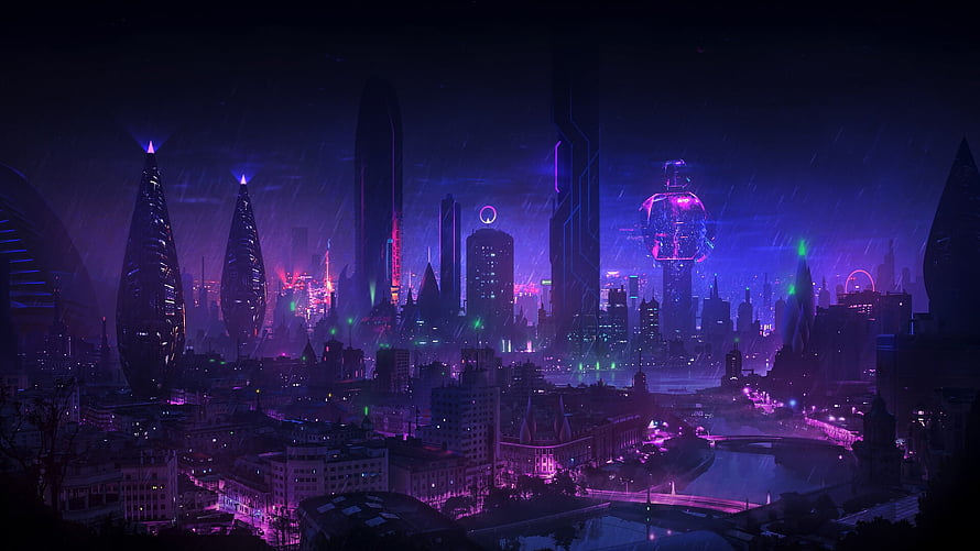 Cyberpunk Cityscape at Night with Purple Neon Glow and Rain HD wallpaper