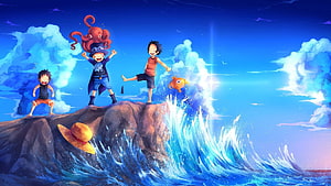 One Piece Anime Artwork of Young Luffy and Friends on a Rocky Outcrop Amidst Ocean Waves HD wallpaper