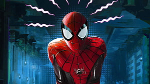 Spider-Man in Classic Red Suit with Web Pattern and Spider Emblem Against Blue Cityscape, Spider Man Ultra . Background ., Spider-Man Ultra HD wallpaper