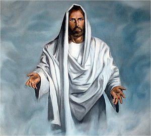Jesus Christ in White Robes with Open Arms Against a Cloudy Sky HD wallpaper