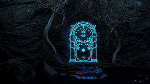 Glowing Blue Rune Gate in Dark Cavern with Twisted Trees and Water Reflection HD wallpaper