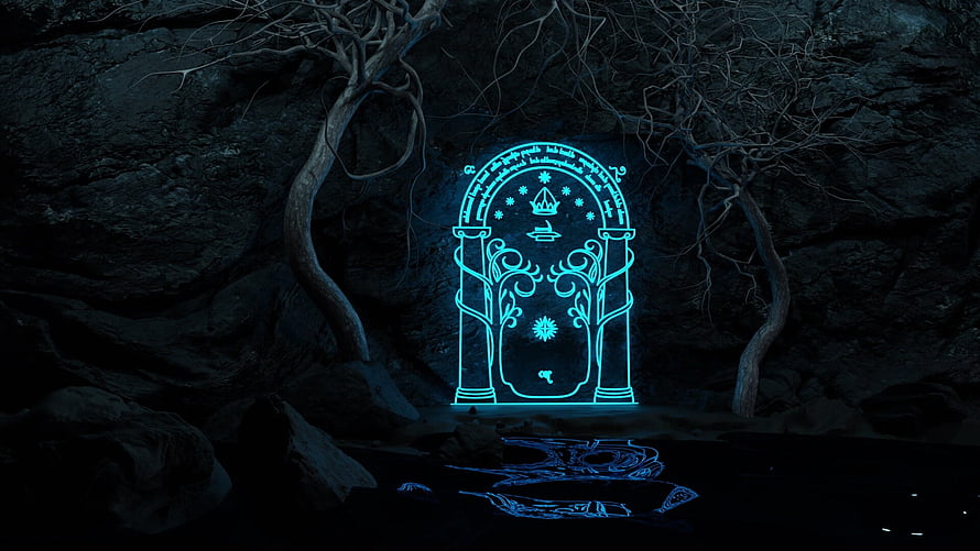 Glowing Blue Rune Gate in Dark Cavern with Twisted Trees and Water Reflection HD wallpaper