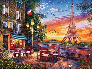 Charming Parisian Bistro at Sunset with Eiffel Tower and Seine River View HD wallpaper
