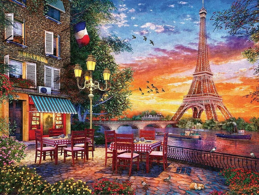 Charming Parisian Bistro at Sunset with Eiffel Tower and Seine River View HD wallpaper