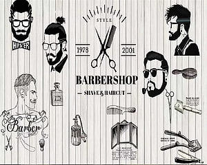 Vintage Barbershop Illustration with Hipster Men Portraits and Classic Grooming Tools HD wallpaper