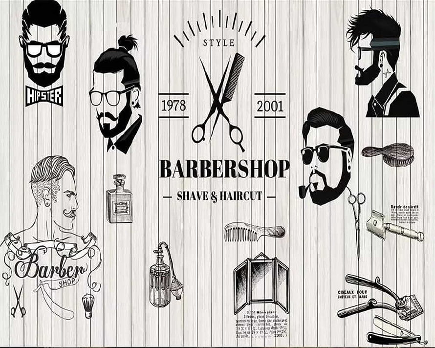Vintage Barbershop Illustration with Hipster Men Portraits and Classic Grooming Tools HD wallpaper