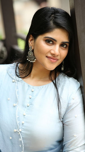 Megha Akash in a Light Blue Blouse with Traditional Jhumka Earrings HD phone wallpaper