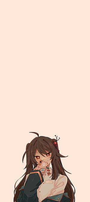 Hu Tao from Genshin Impact Holding a Phone with Cherry Blossom Hair Accessory HD phone wallpaper