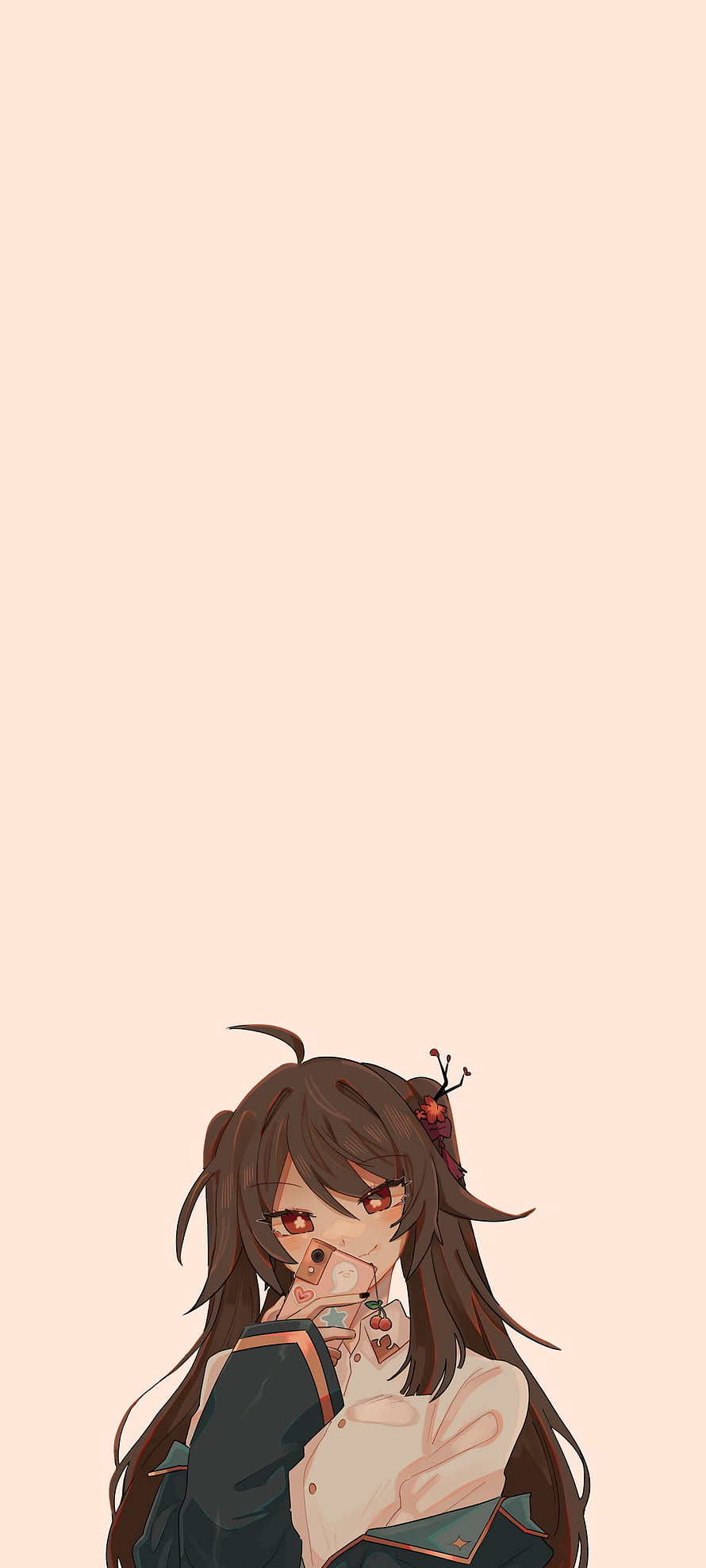 Hu Tao from Genshin Impact Holding a Phone with Cherry Blossom Hair Accessory HD phone wallpaper