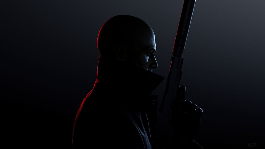 Hitman 3 Agent 47 Silhouette Profile Holding Rifle in Dark Cinematic Lighting HD wallpaper