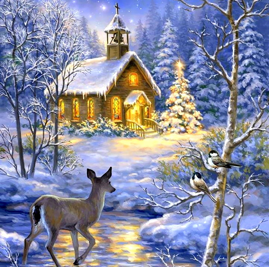 Serene Winter Christmas Scene with Snowy Church, Deer, and Birds in a Forest HD wallpaper