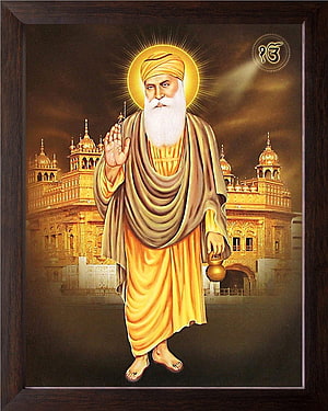 Guru Nanak Dev Ji Sacred Portrait with Golden Temple and Halo HD phone wallpaper