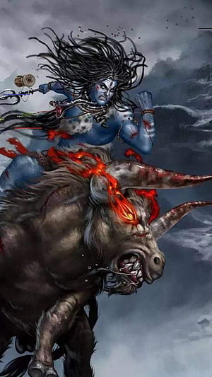 Furious Lord Shiva Riding a Fiery Bull in a Dark Stormy Sky HD phone wallpaper