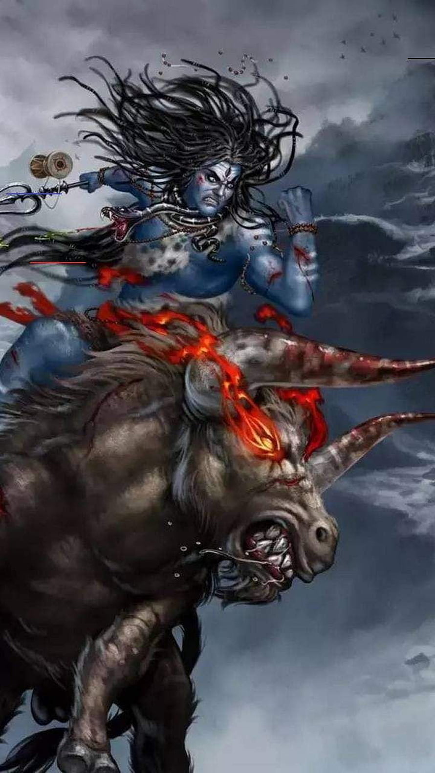 Furious Lord Shiva Riding a Fiery Bull in a Dark Stormy Sky HD phone wallpaper