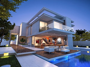 Modern Luxury Villa with Infinity Pool and Glass Balcony at Dusk HD wallpaper