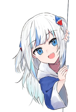 Gawr Gura Anime Illustration with White Hair and Blue Eyes HD phone wallpaper