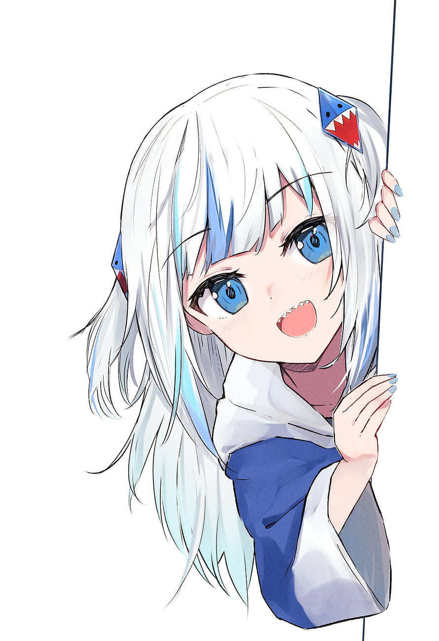Gawr Gura Anime Illustration with White Hair and Blue Eyes HD phone wallpaper