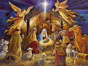 Traditional Nativity Scene with Angels, Shepherds, and the Holy Family in a Stable HD wallpaper
