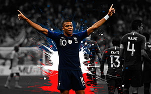 Kylian Mbappé Celebrating in France National Team Kit with Paint Splash Effect HD wallpaper