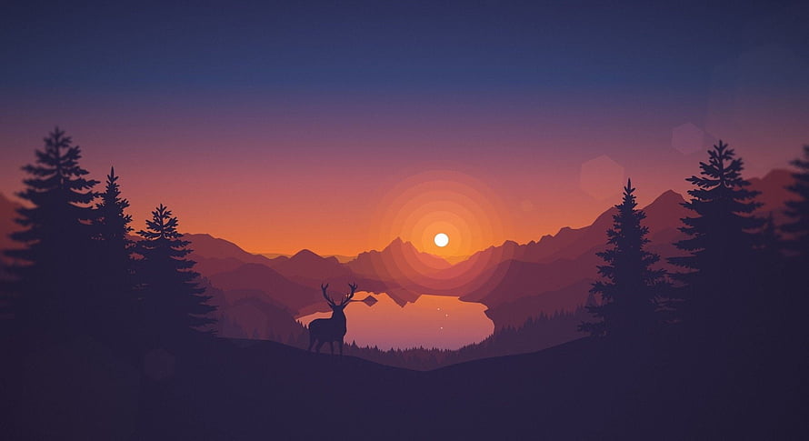 Stylized Deer Silhouette at Sunset Over Mountain Lake and Pine Forest HD wallpaper