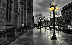 Moody Urban Street Scene With Vintage Street Lamps And Wet Cobblestones HD wallpaper