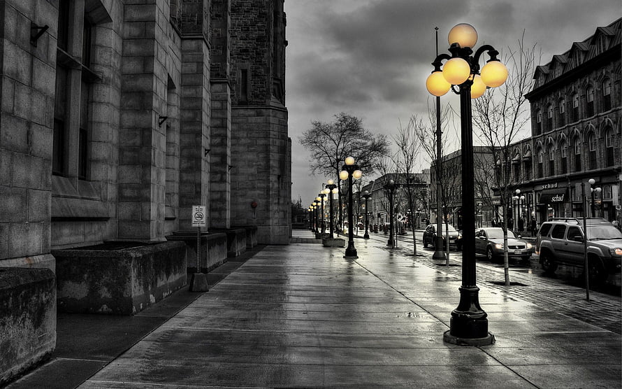 Moody Urban Street Scene With Vintage Street Lamps And Wet Cobblestones HD wallpaper