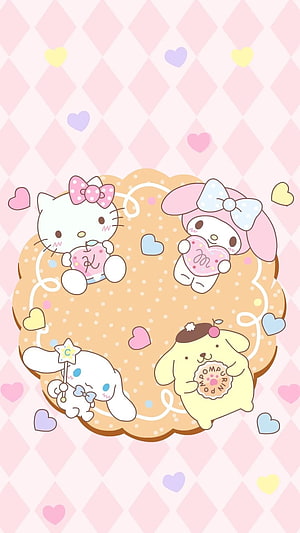 Cute Sanrio Friends Hello Kitty My Melody Cinnamoroll Pompompurin Pastel Heart Wallpaper HD phone wallpaper
