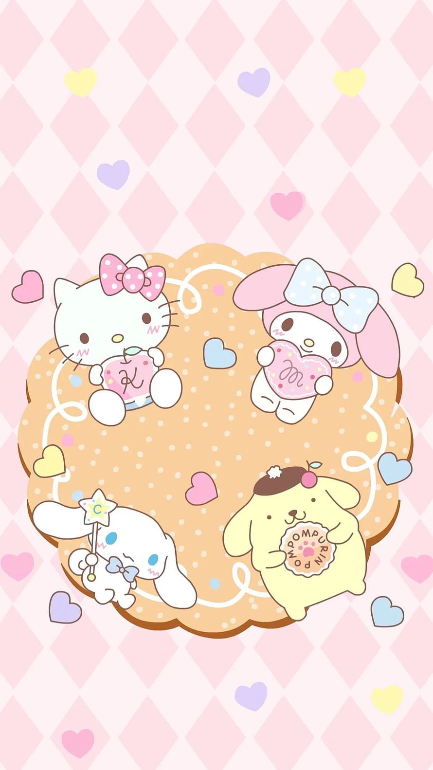 Cute Sanrio Friends Hello Kitty My Melody Cinnamoroll Pompompurin Pastel Heart Wallpaper HD phone wallpaper