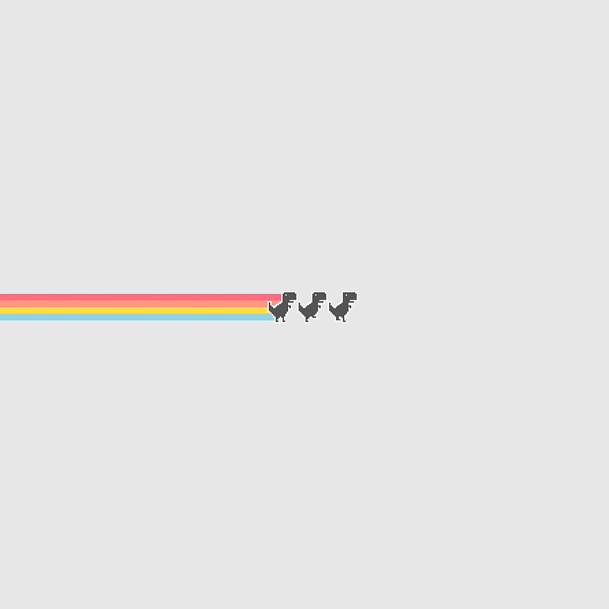 Minimalist Pixel Art T-Rex Runner with Rainbow Trail on Light Gray Background HD phone wallpaper