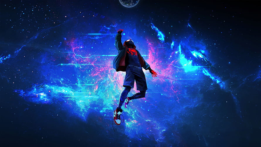 Miles Morales Floating in a Vibrant Cosmic Nebula with Neon Blue and Pink Energy HD wallpaper