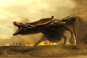 Game of Thrones Dragon Roaring Over Burning Battlefield with Rider HD wallpaper