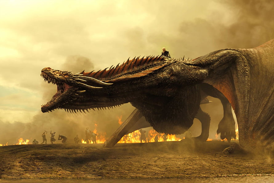 Game of Thrones Dragon Roaring Over Burning Battlefield with Rider HD wallpaper