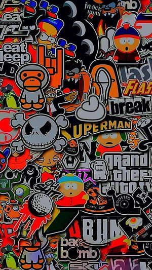 Dense Hypebeast Sticker Bomb Wallpaper Featuring Cartoon Characters and Pop Culture Logos HD phone wallpaper