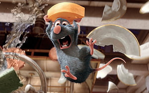 Remy the Rat from Ratatouille Juggling a Cheese Wedge Amidst Flying Kitchen Debris HD wallpaper